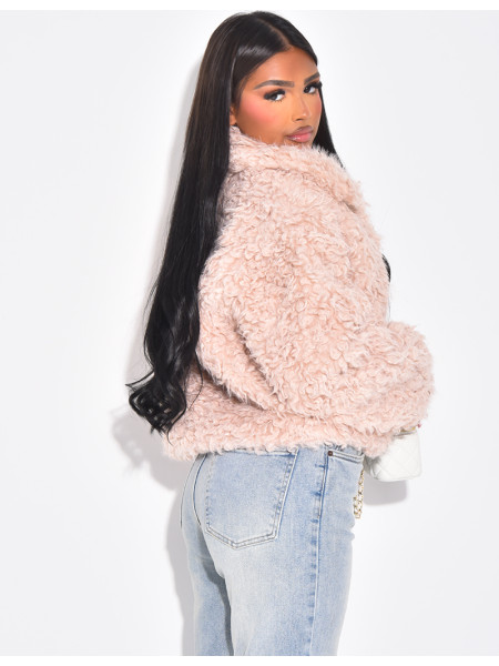 Veste courte en fourrure effet mouton bouclé rose