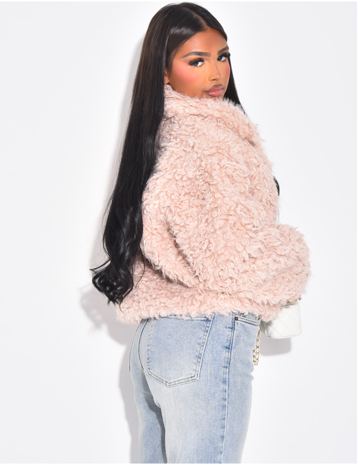 Veste courte en fourrure effet mouton bouclé rose