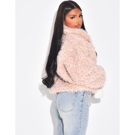 Veste courte en fourrure effet mouton bouclé rose