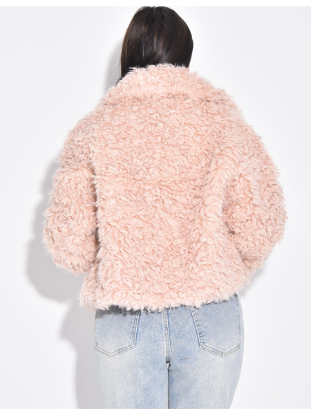 Veste courte en fourrure effet mouton bouclé rose