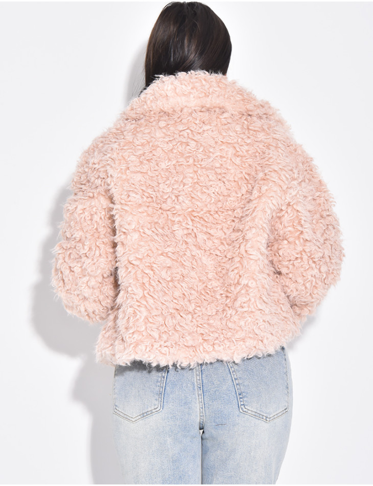 Veste courte en fourrure effet mouton bouclé rose