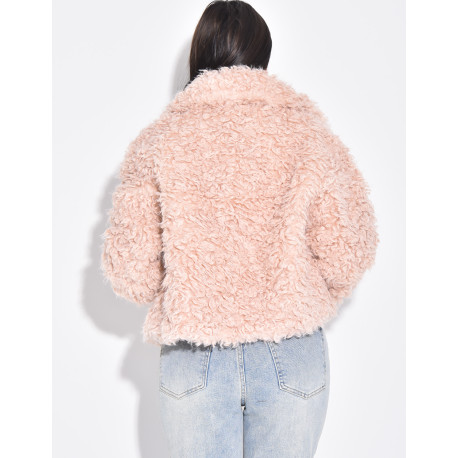 Veste courte en fourrure effet mouton bouclé rose