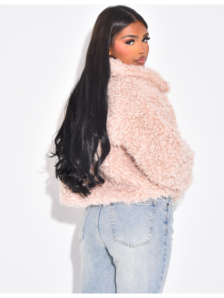 Veste courte en fourrure effet mouton bouclé rose