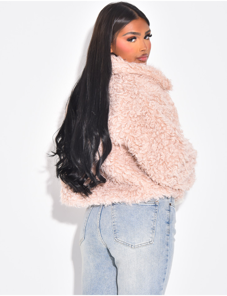 Veste courte en fourrure effet mouton bouclé rose