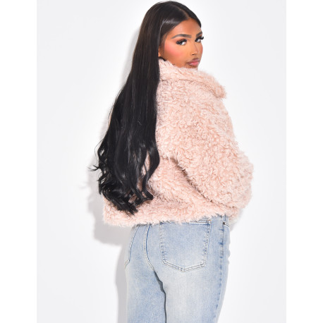 Veste courte en fourrure effet mouton bouclé rose
