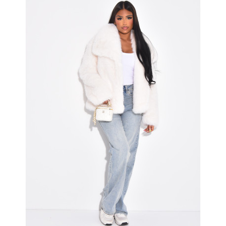 Short faux fur jacket with turn-down collar