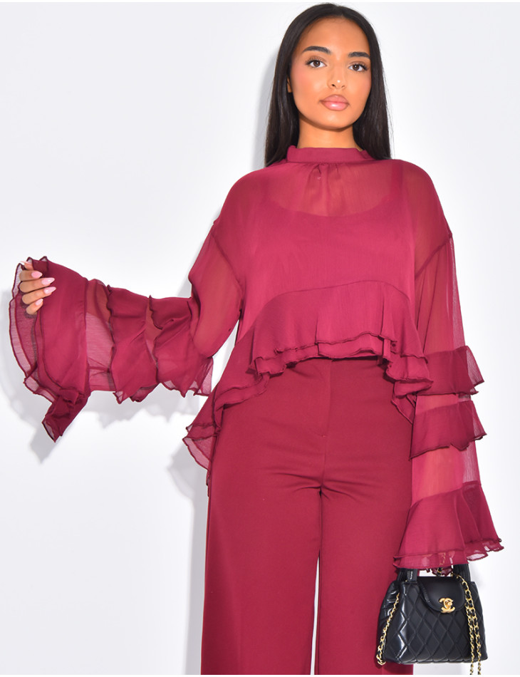 Transparent voile blouse with ruffles and lining