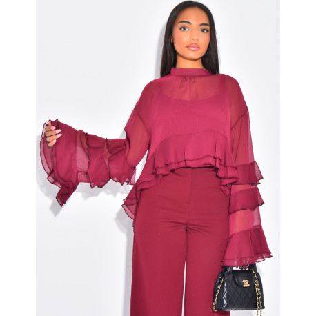 Transparent voile blouse with ruffles and lining