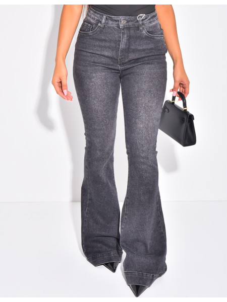 High-waisted faded grey flare jeans