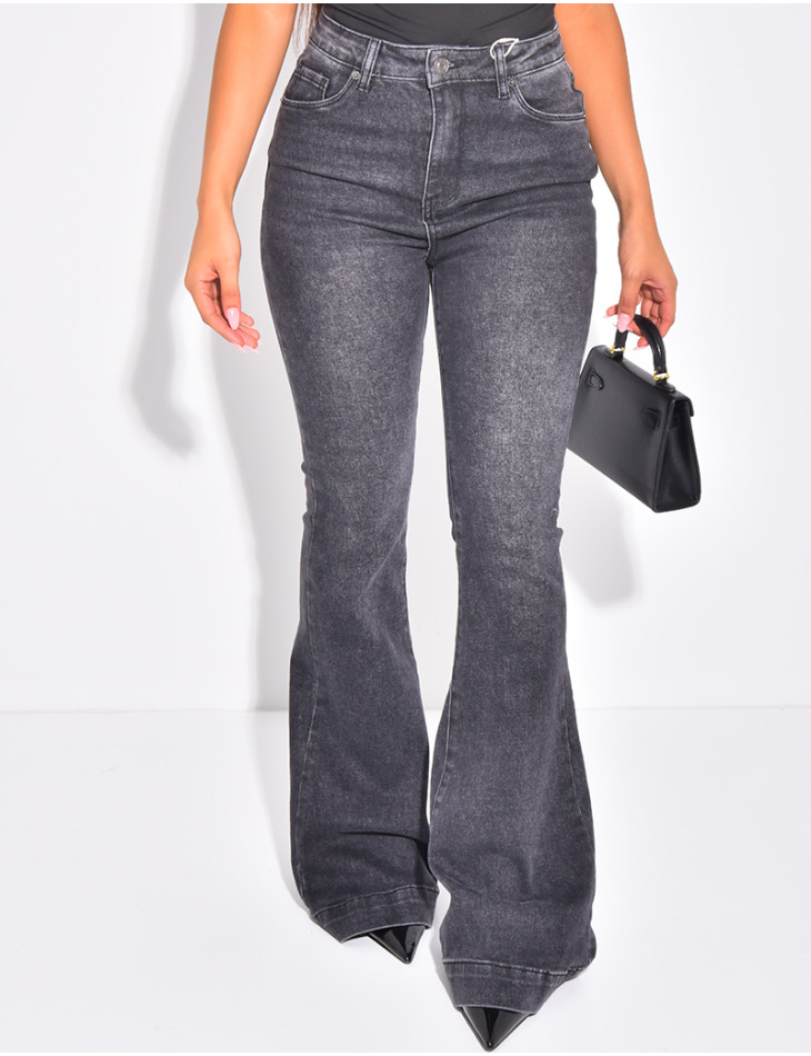 High-waisted faded grey flare jeans