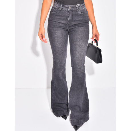 High-waisted faded grey flare jeans
