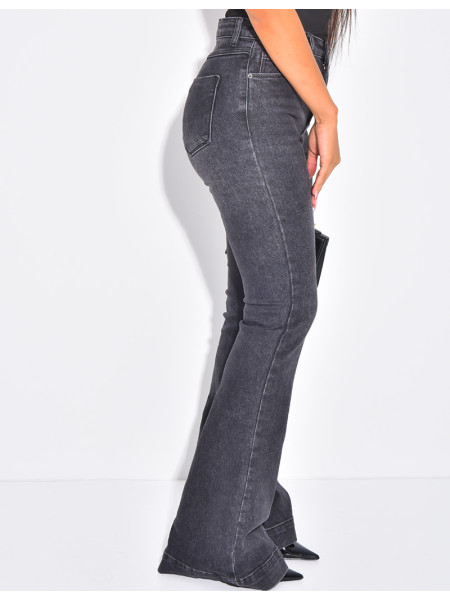 High-waisted faded grey flare jeans