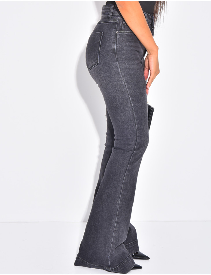 High-waisted faded grey flare jeans