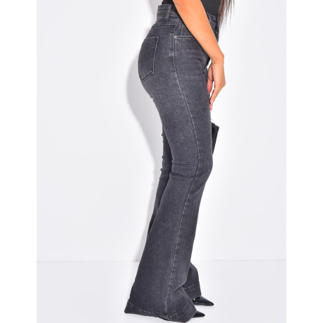 High-waisted faded grey flare jeans