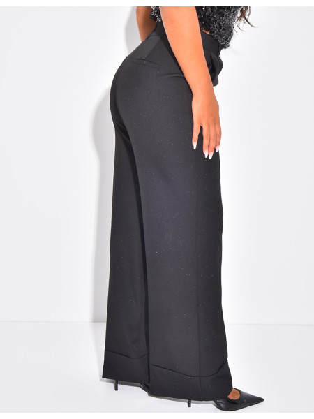 Pantalon de tailleur taille haute pailleté à revers