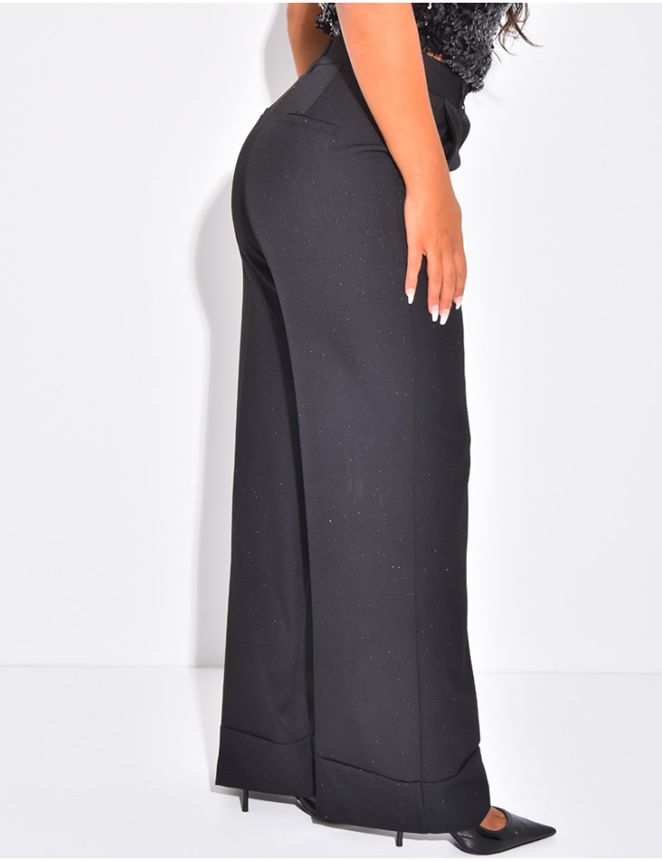 Pantalon de tailleur taille haute pailleté à revers