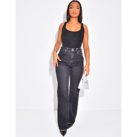 Stretchy black faded straight-leg jeans