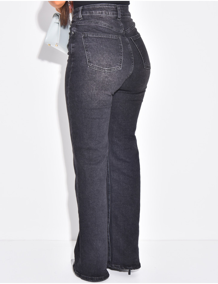 Stretchy black faded straight-leg jeans