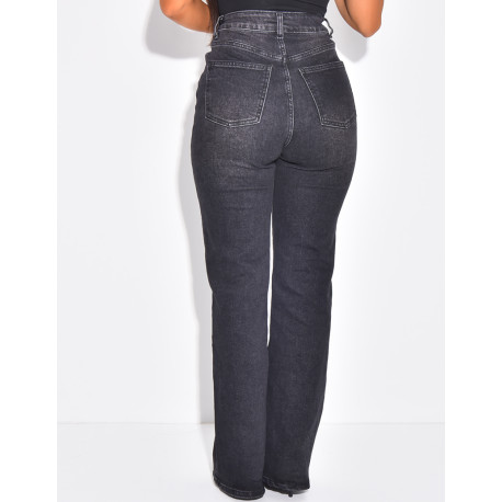 Stretchy black faded straight-leg jeans