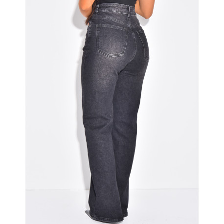 Straight-leg stretch jeans with crossover button fastening