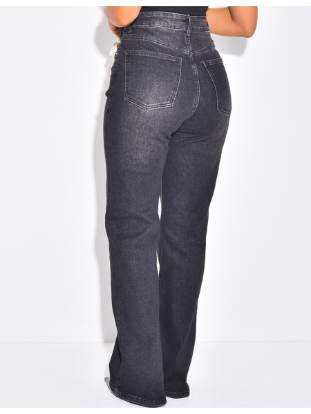 Straight-leg stretch jeans with crossover button fastening