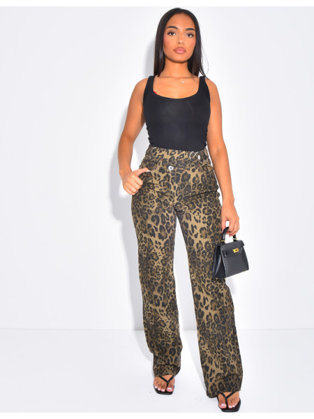 Jeans coupe droite stretchy à boutonnière croisée à motifs léopards