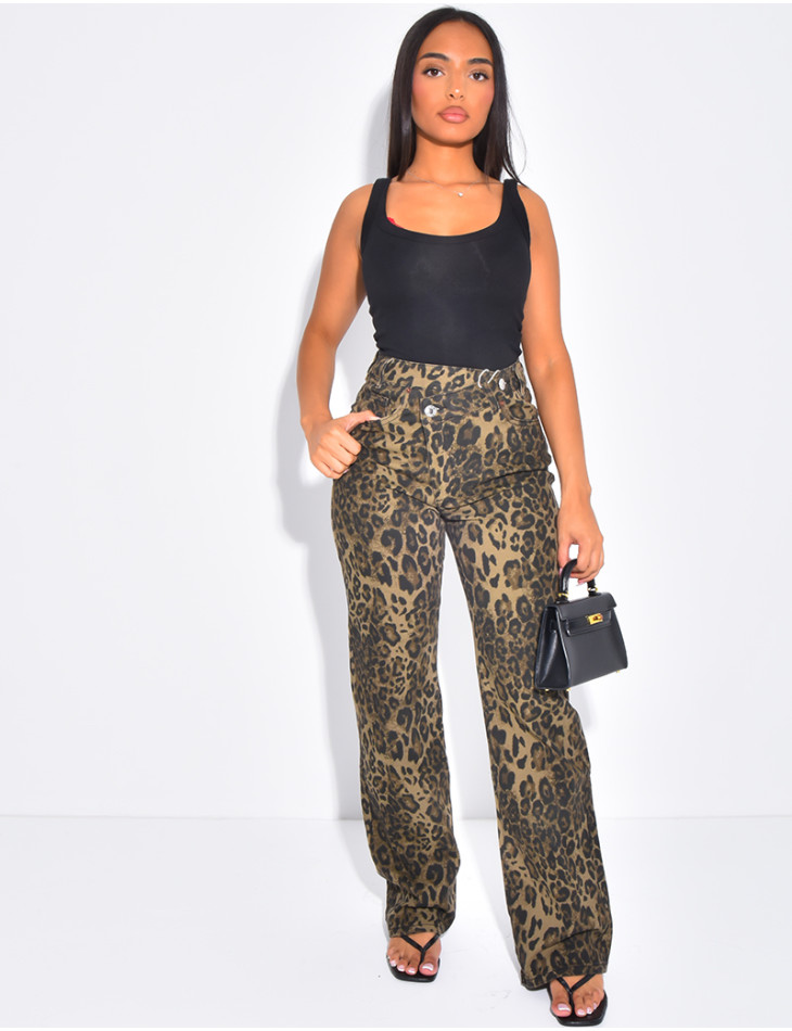 Jeans coupe droite stretchy à boutonnière croisée à motifs léopards