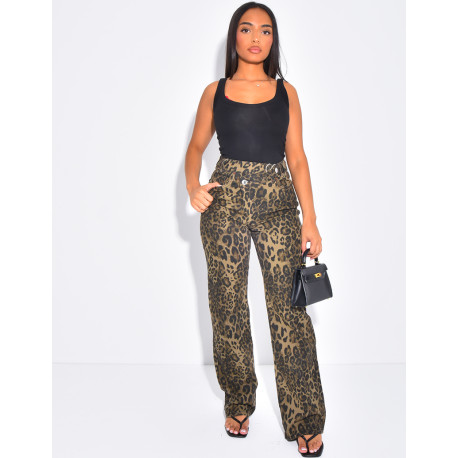 Jeans coupe droite stretchy à boutonnière croisée à motifs léopards