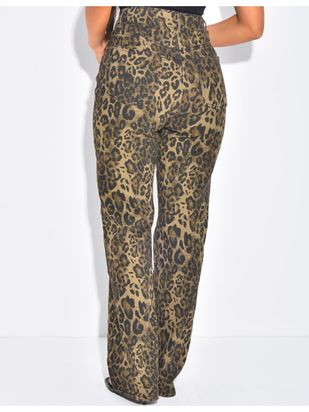 Jeans coupe droite stretchy à boutonnière croisée à motifs léopards