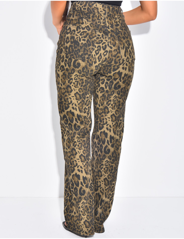 Jeans coupe droite stretchy à boutonnière croisée à motifs léopards