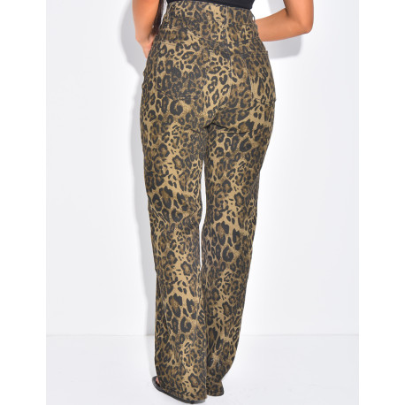 Jeans coupe droite stretchy à boutonnière croisée à motifs léopards