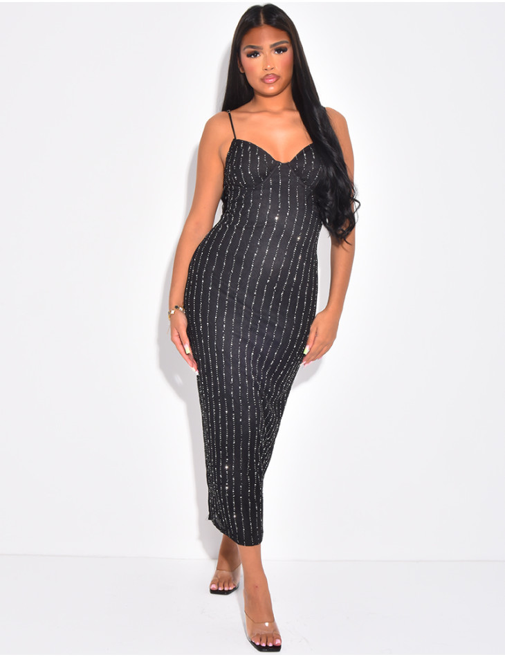 Robe corset longue en dentelle et strass