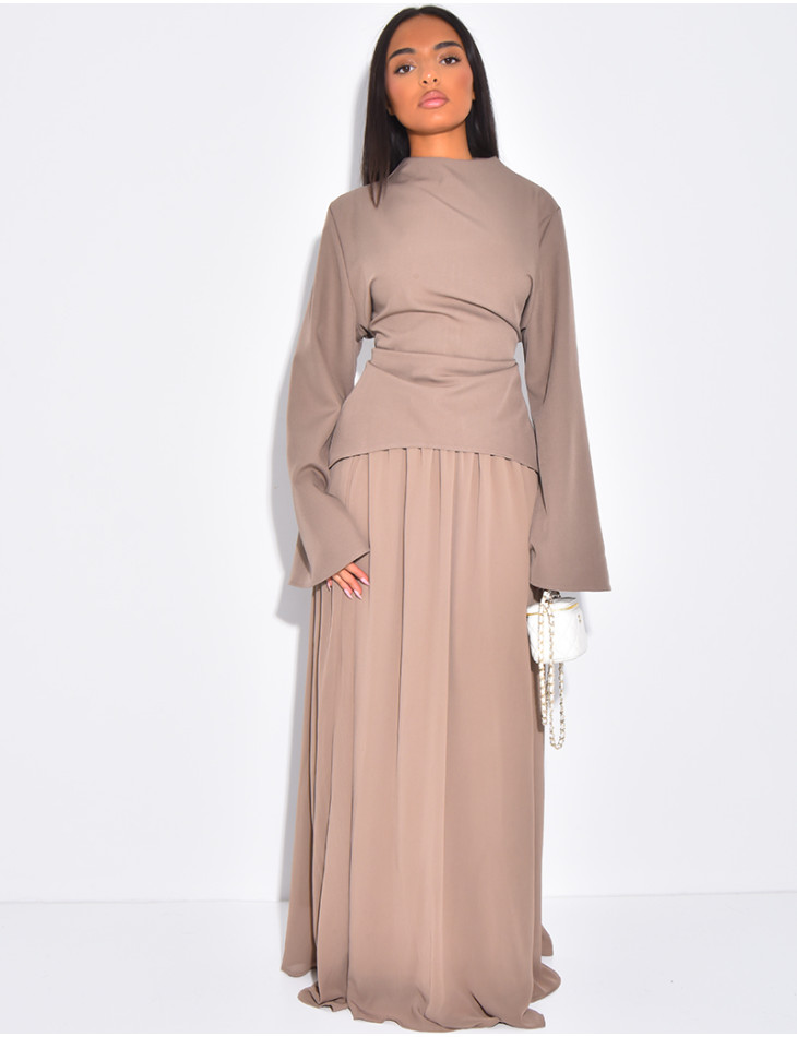 Ensemble 2 pièces blouse cintrée et jupe en voile plissée
