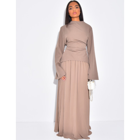 Ensemble 2 pièces blouse cintrée et jupe en voile plissée