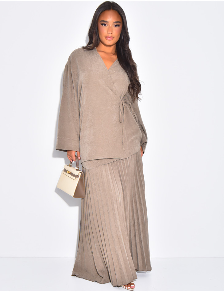 Wrap blouse and long pleated skirt set