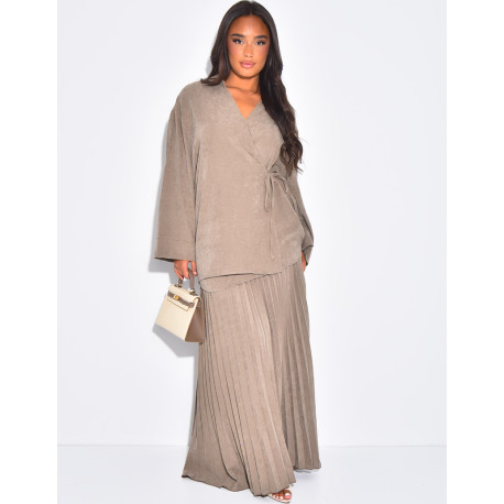 Wrap blouse and long pleated skirt set