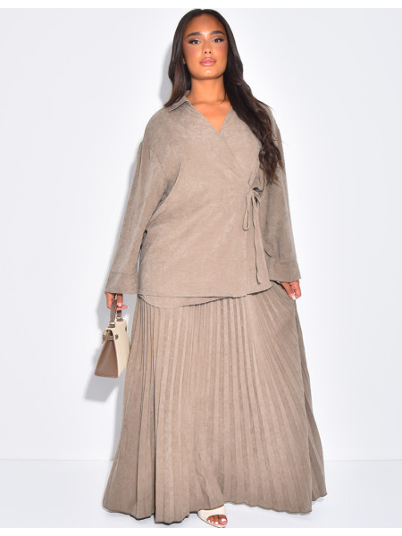 Wrap blouse and long pleated skirt set