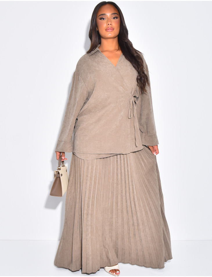 Wrap blouse and long pleated skirt set