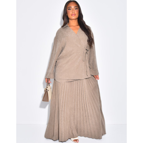 Wrap blouse and long pleated skirt set
