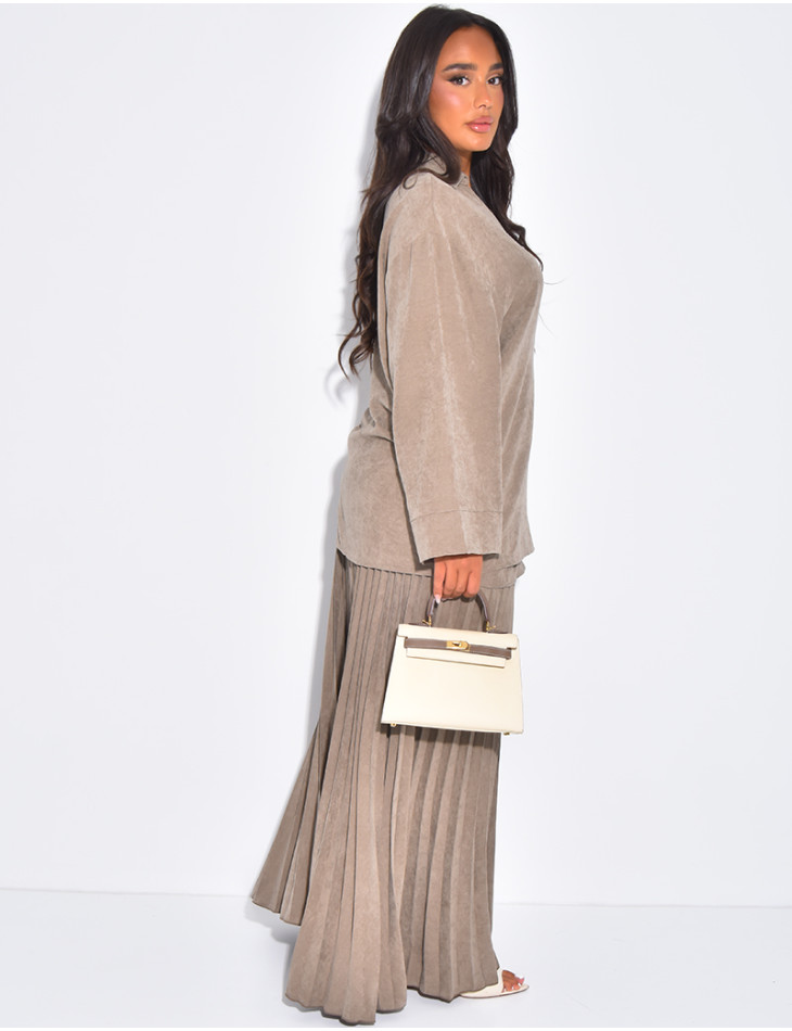 Wrap blouse and long pleated skirt set