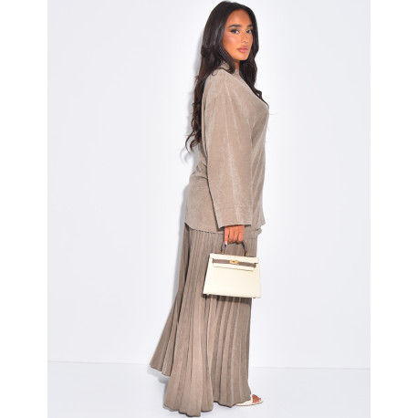 Wrap blouse and long pleated skirt set