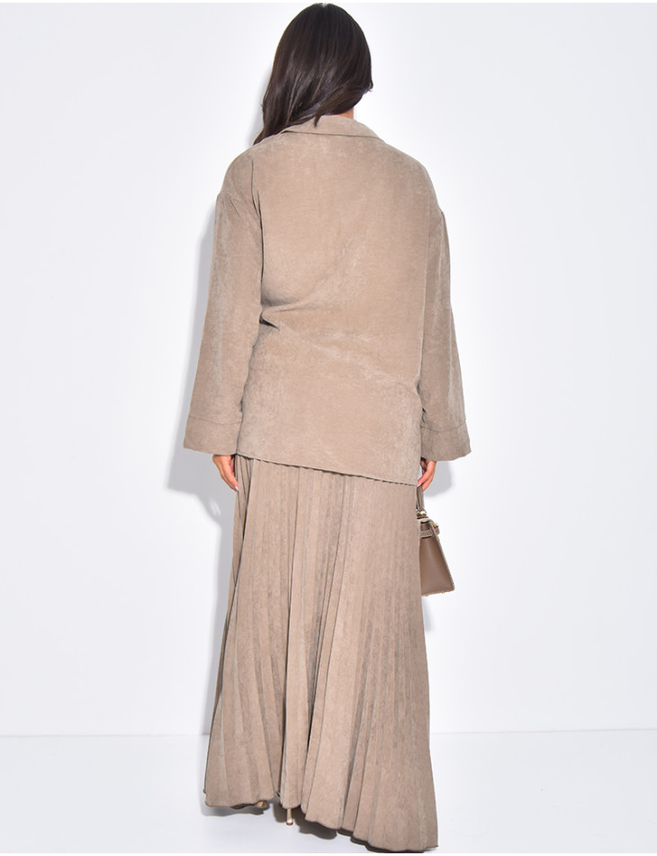 Wrap blouse and long pleated skirt set