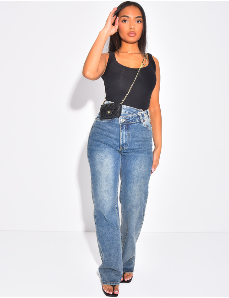 Jeans coupe droite stretchy à boutonnière croisée