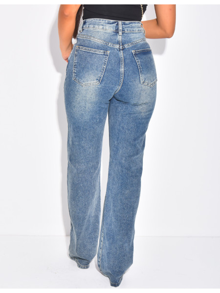 Jeans coupe droite stretchy à boutonnière croisée
