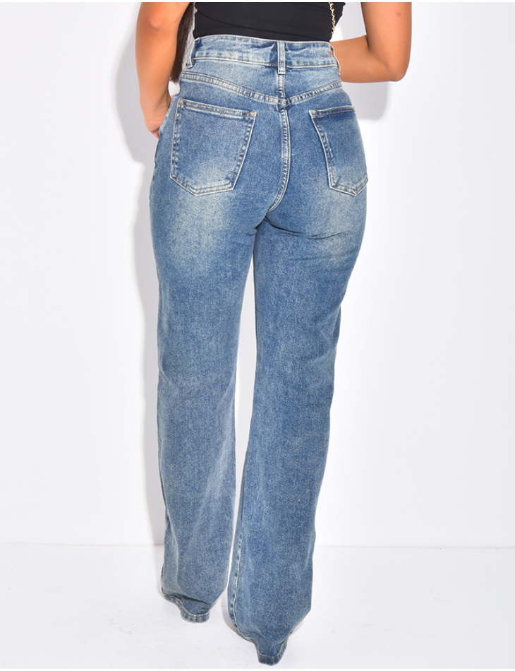 Jeans coupe droite stretchy à boutonnière croisée