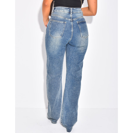 Jeans coupe droite stretchy à boutonnière croisée