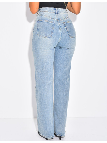Straight-leg stretch blue faded jeans