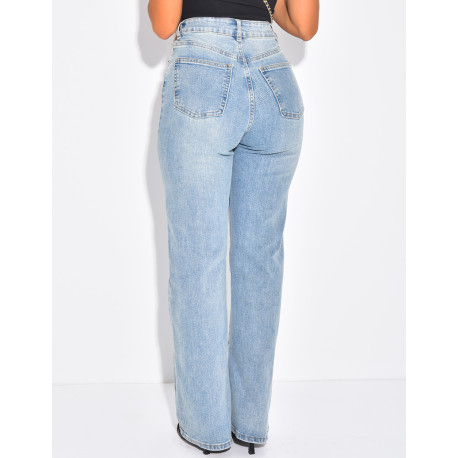 Straight-leg stretch blue faded jeans