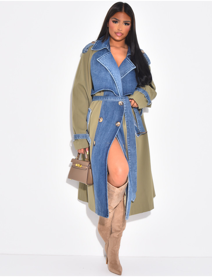 Trench oversize à empiècements en jeans