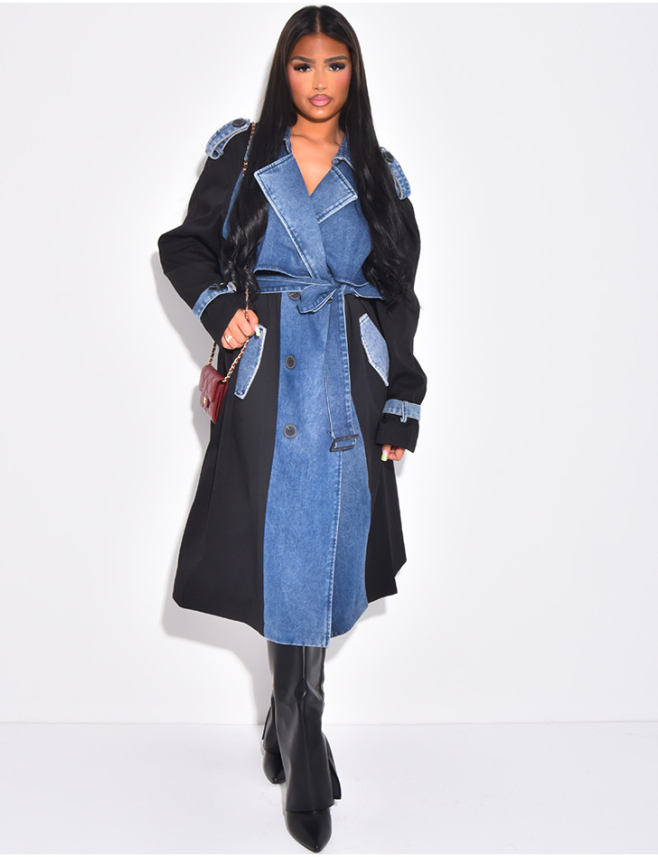 Trench oversize à empiècements en jeans
